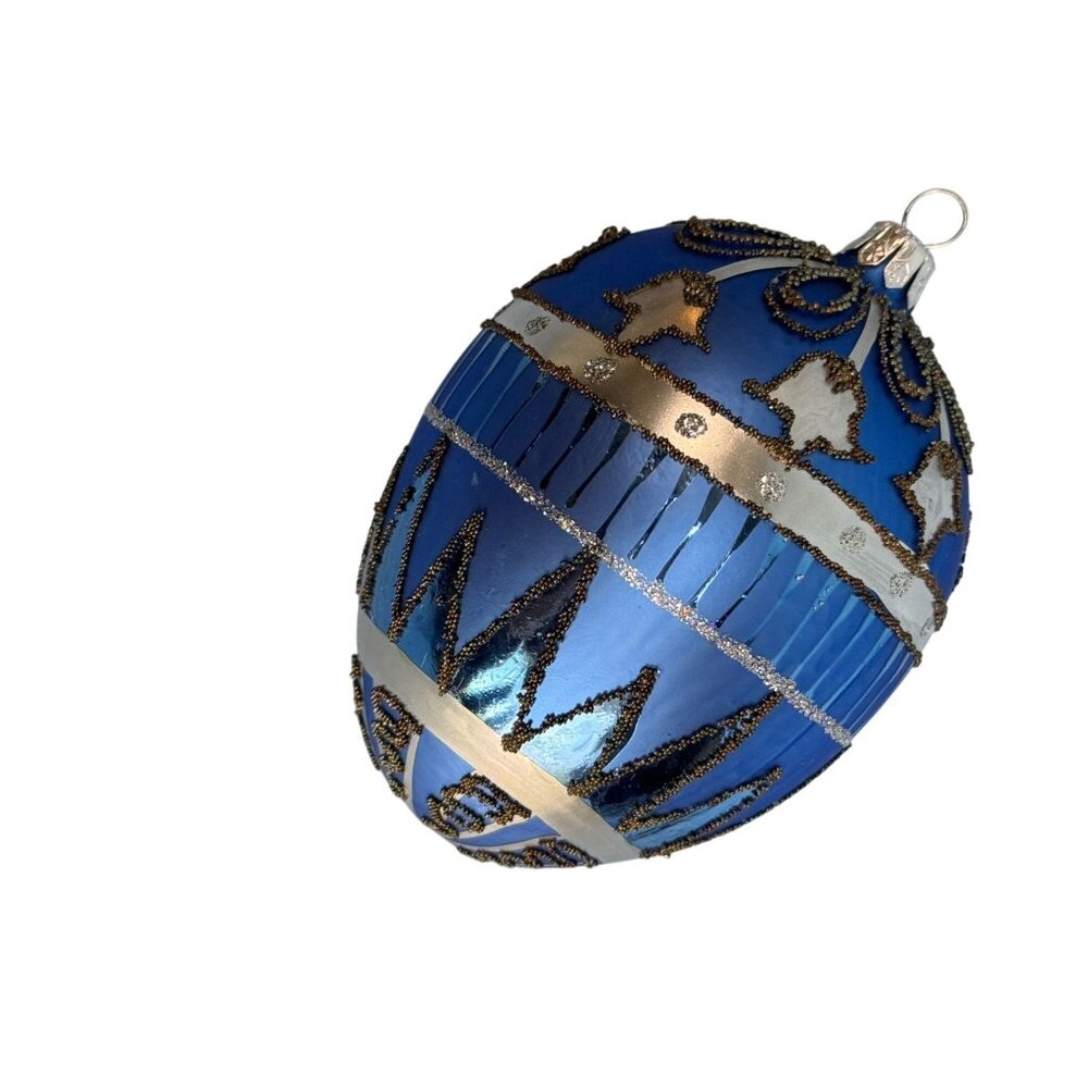 Handcrafted Blue Glass Ornament With Black & Silver Glitter Details 5" Holiday D